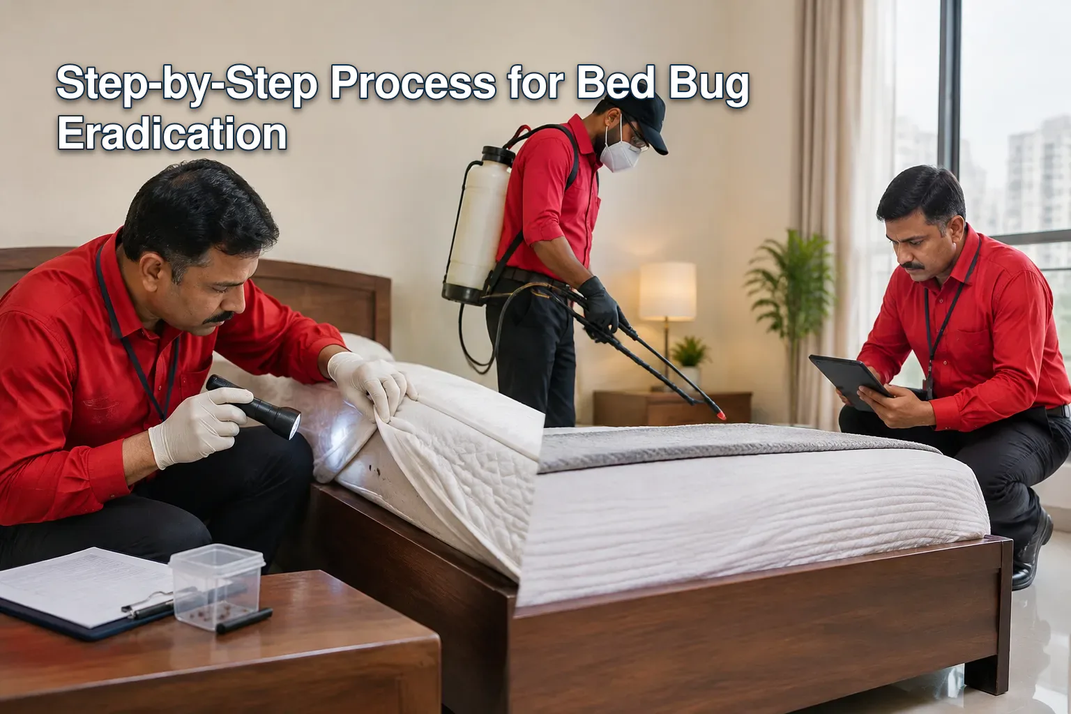 Professional bed bug eradication process illustration