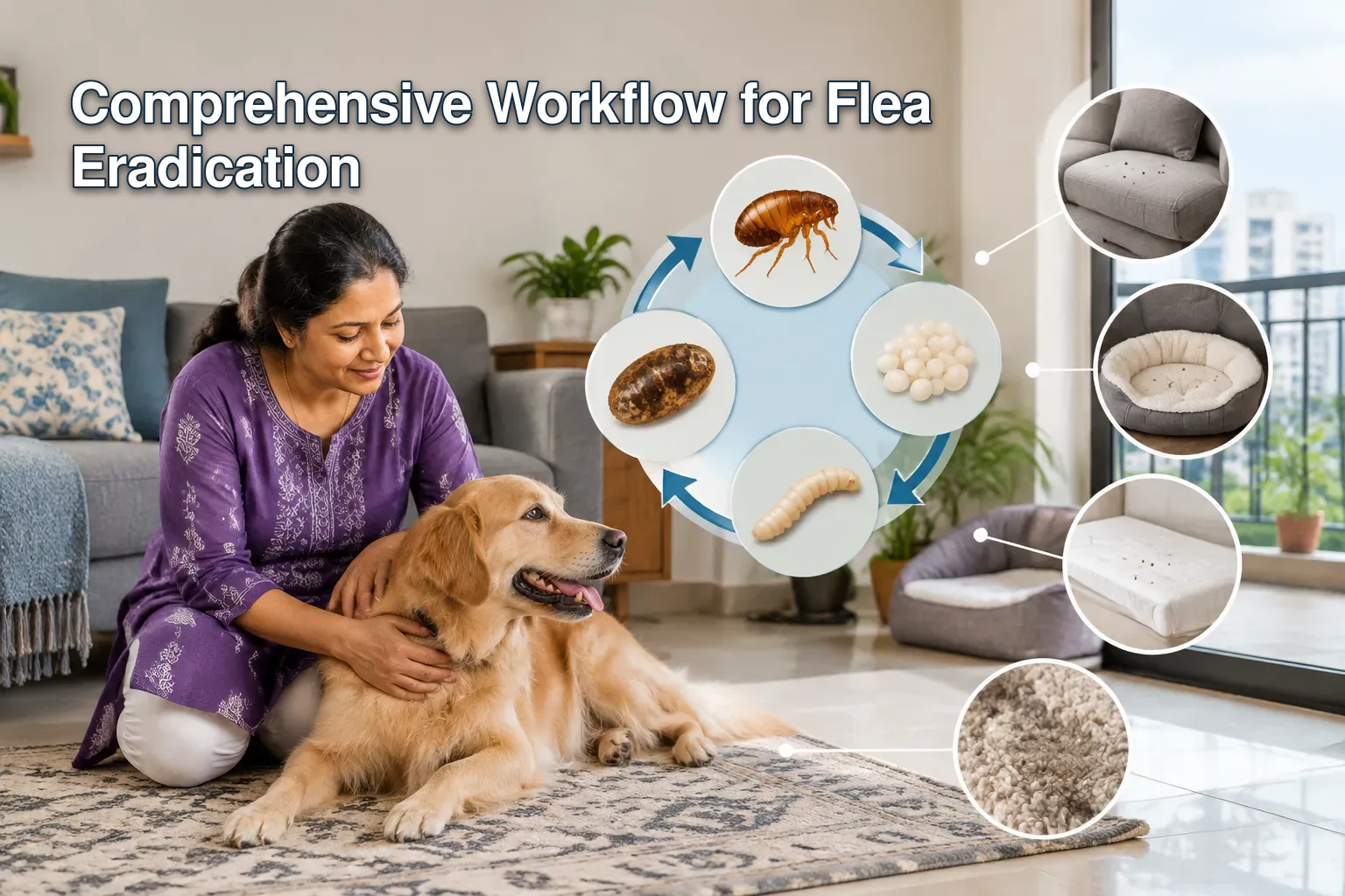 Infographic detailing flea life cycle and common infestation areas