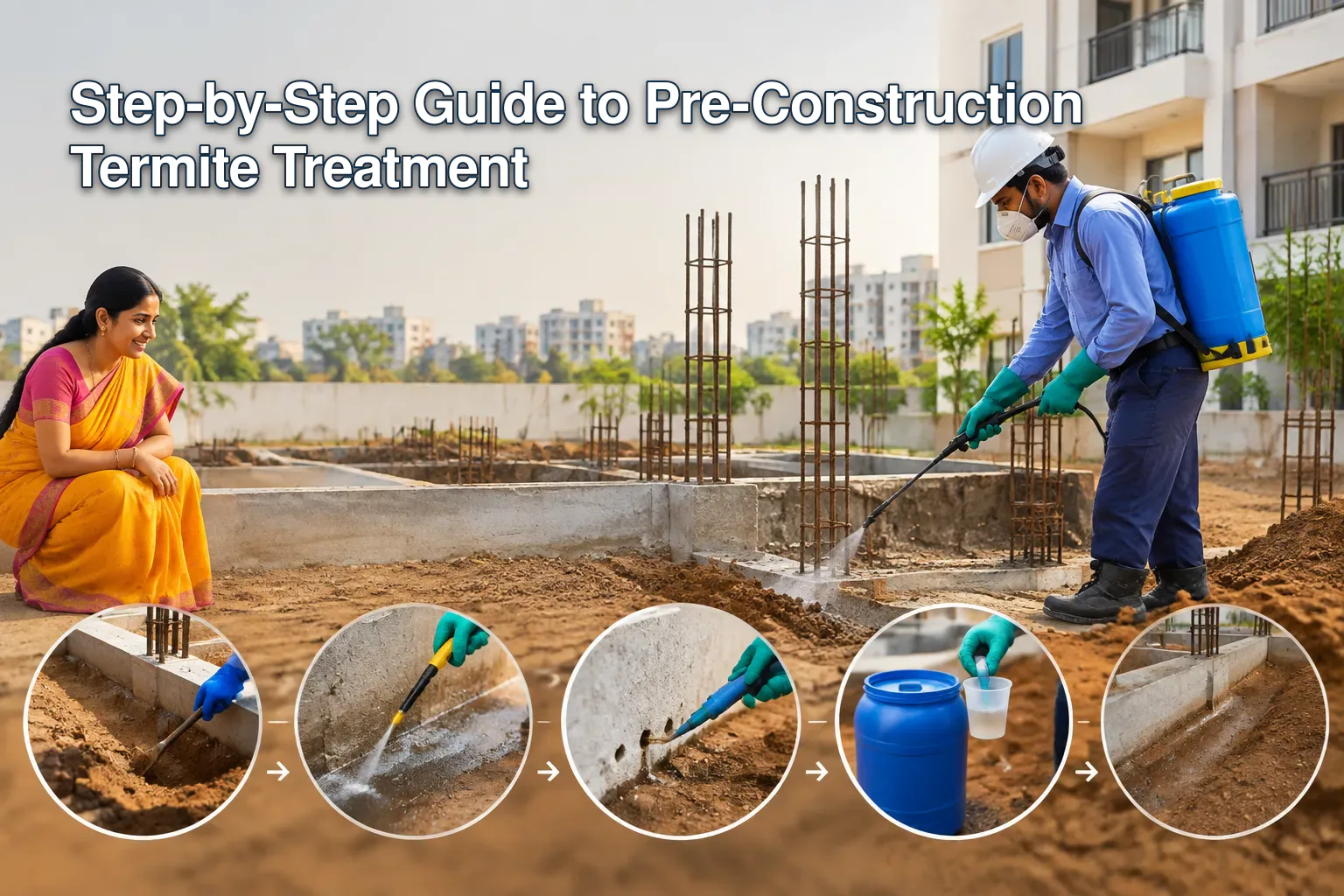 Infographic of pre-construction termite treatment process with chemicals.