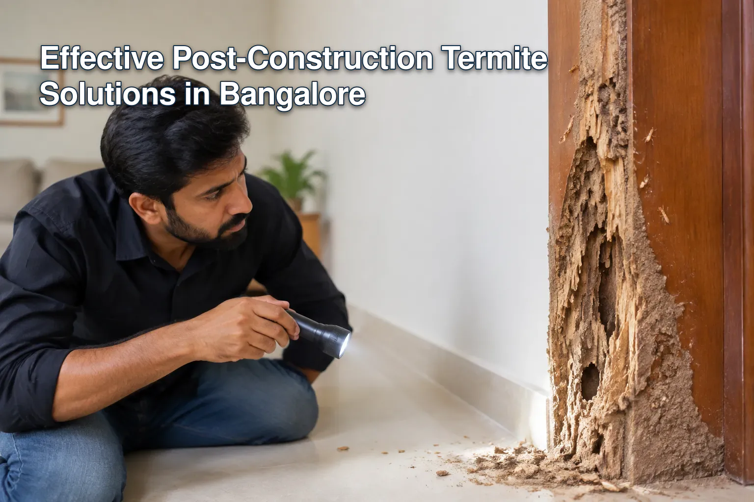 Close-up of termite damage on wood in a Bangalore home