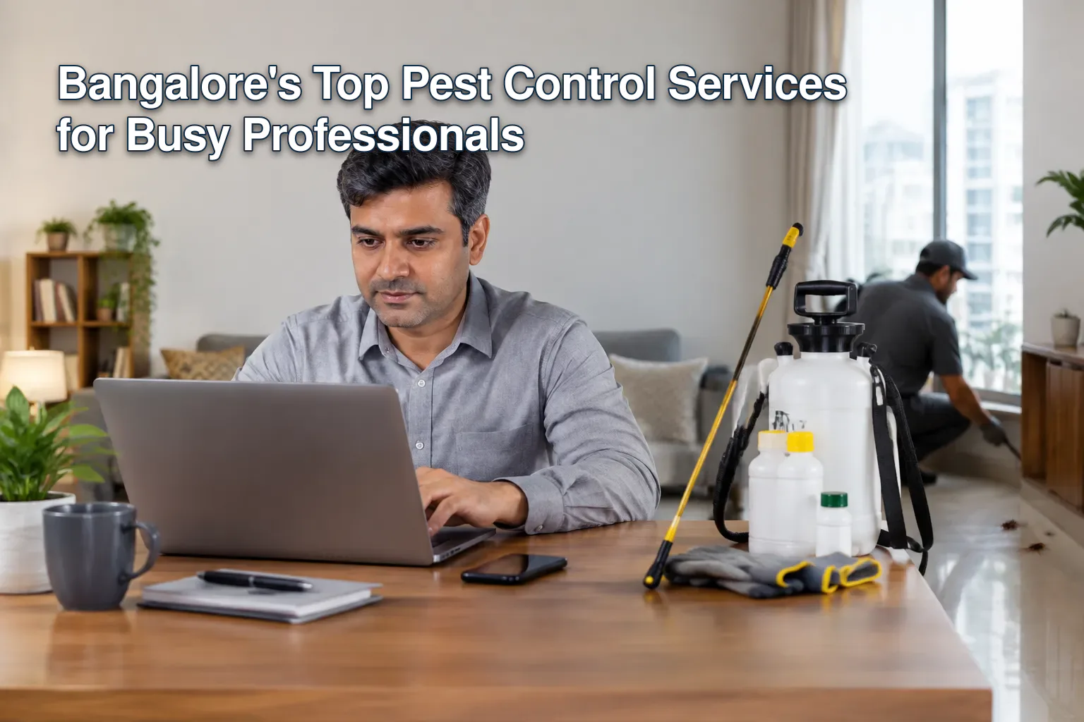 Busy professional at desk with pest control tools