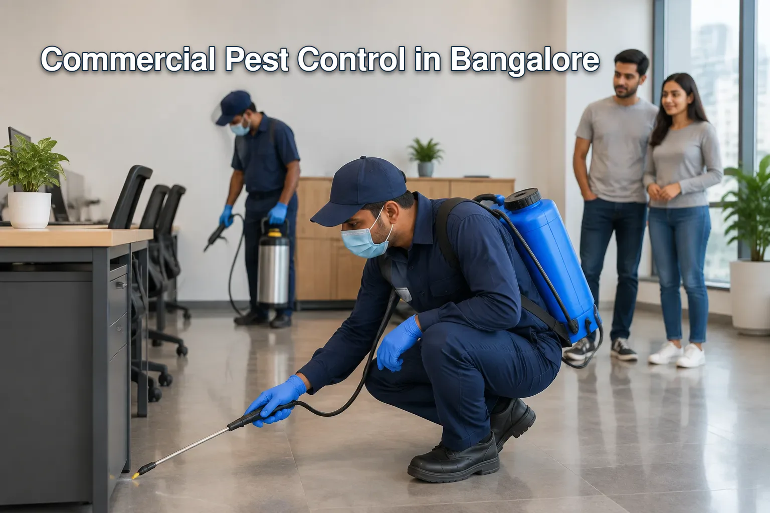 Professional pest control team in Bangalore inspecting a commercial property