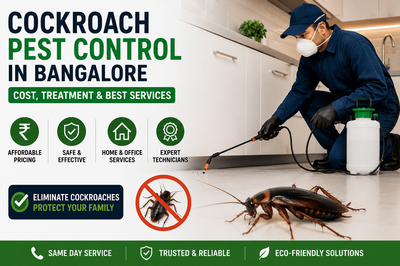 Cockroach pest control in Bangalore: technician spraying insecticide, cost, treatment, and services.