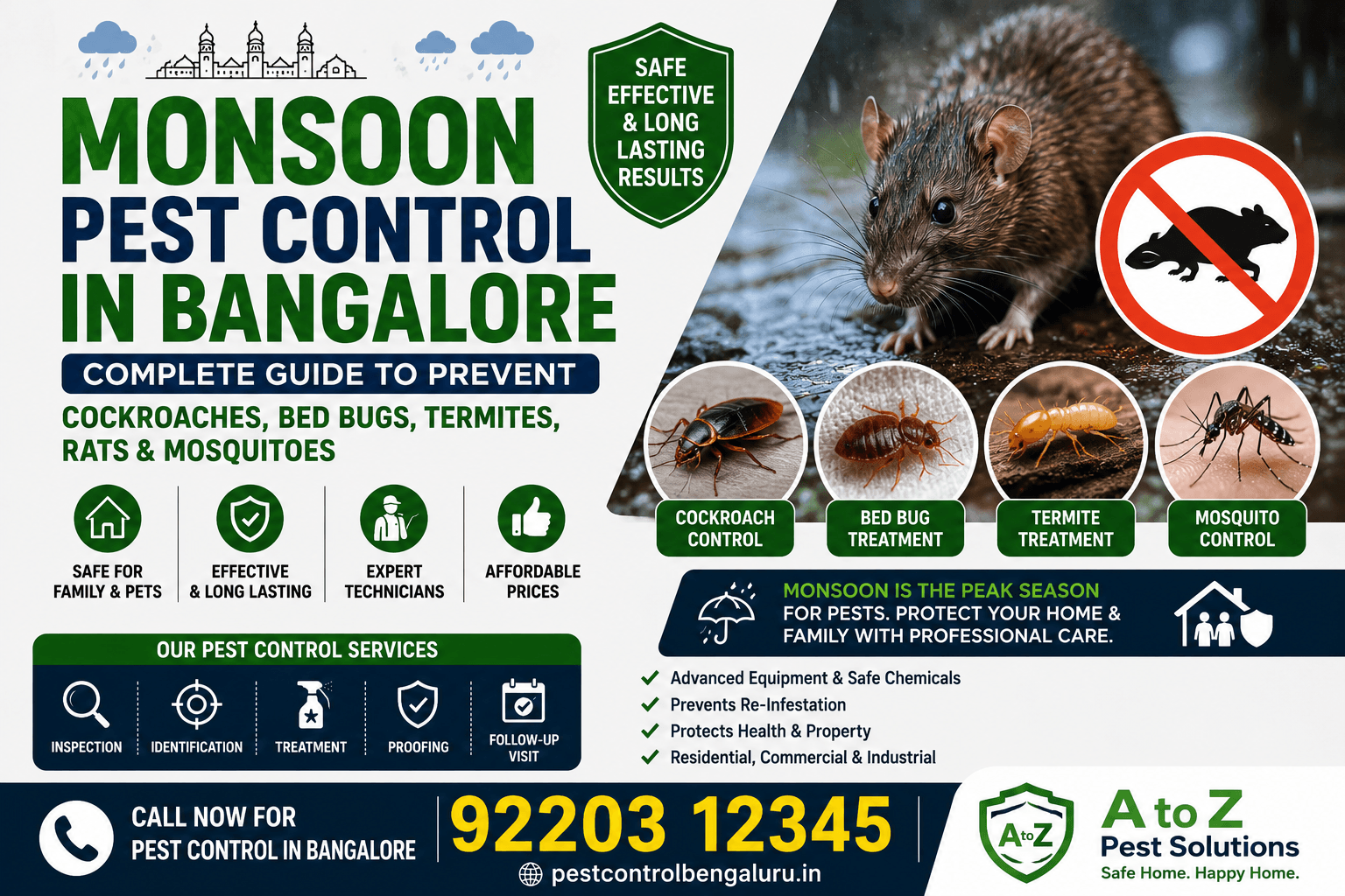 Monsoon pest control in Bangalore: prevent cockroaches, bed bugs, termites, rats & mosquitoes.