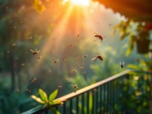 Mosquitoes breeding near balcony plants and stagnant water in a residential apartment during Bangalore's rainy season.